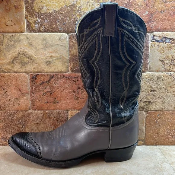 Tony Lama Men Cowboy Boots Stich Textured Toe Rodeo Black Gray Size 11D