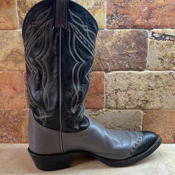 Tony Lama Men Cowboy Boots Stich Textured Toe Rodeo Black Gray Size 11D