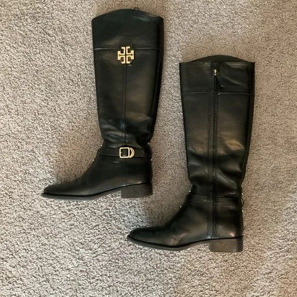 Tory Burch Black Tall Genuine Leather Logo Riding Boots Shoes size 5.5