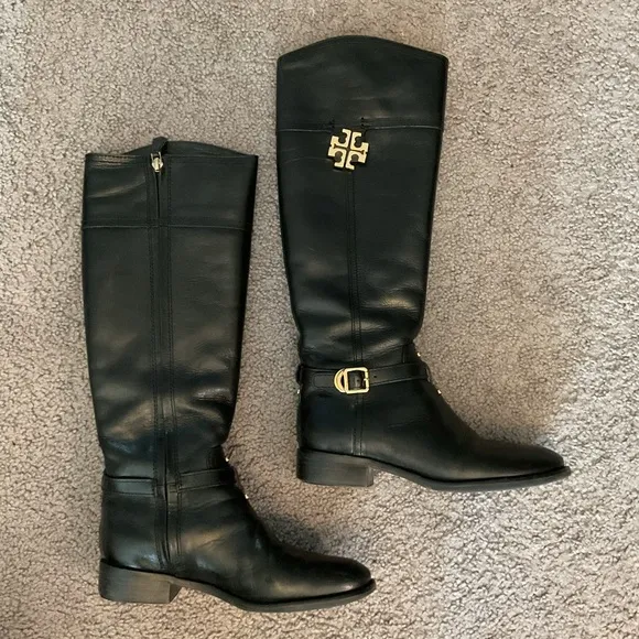 Tory Burch Black Tall Genuine Leather Logo Riding Boots Shoes size 5.5