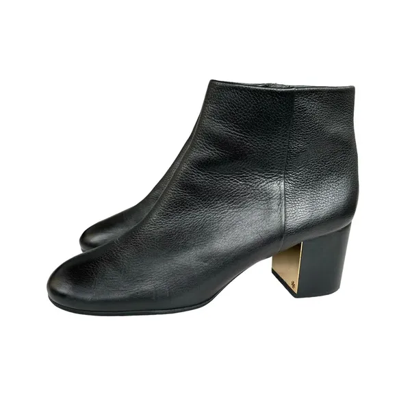 Tory Burch Cleveland Black Leather Metallic Block Heel Ankle Boots Booties Women