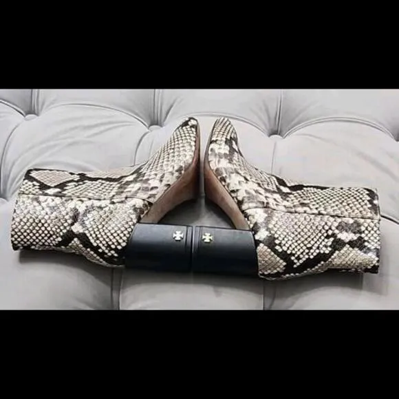 Tory Burch Logo Brooke Zip Up Short Booties Snake Print Leather Womens Shoes 5.5
