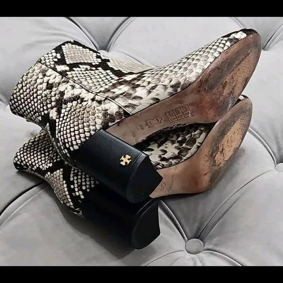 Tory Burch Logo Brooke Zip Up Short Booties Snake Print Leather Womens Shoes 5.5