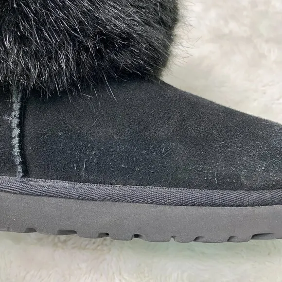 UGG 1119152  Women's Black Suede Mini Blakeley Faux Fur Trimmed Boots Size 7