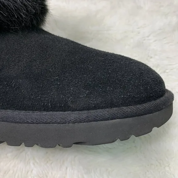 UGG 1119152  Women's Black Suede Mini Blakeley Faux Fur Trimmed Boots Size 7