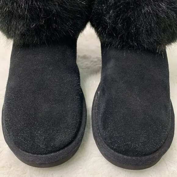 UGG 1119152  Women's Black Suede Mini Blakeley Faux Fur Trimmed Boots Size 7