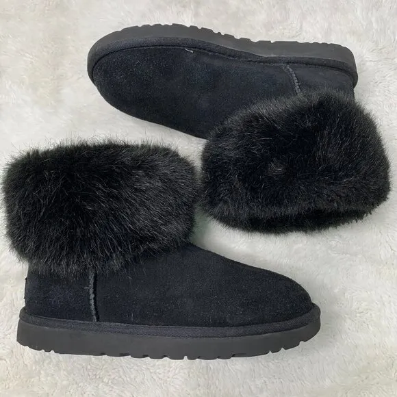 UGG 1119152  Women's Black Suede Mini Blakeley Faux Fur Trimmed Boots Size 7