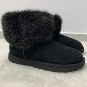 UGG 1119152  Women's Black Suede Mini Blakeley Faux Fur Trimmed Boots Size 7