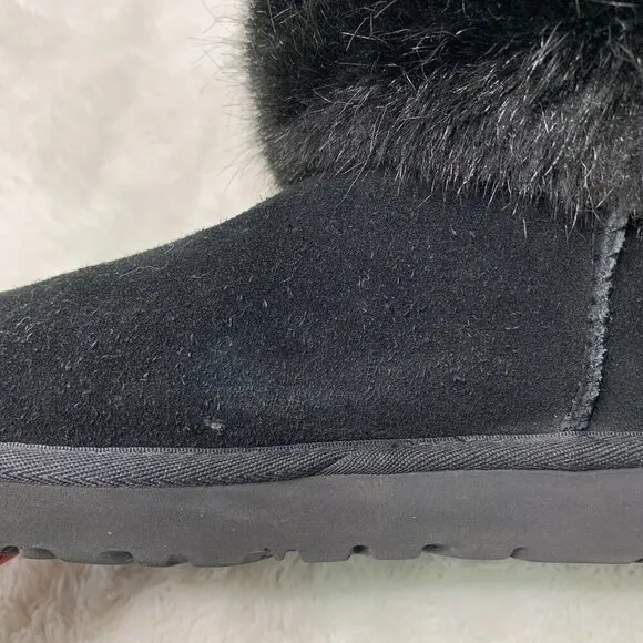 UGG 1119152  Women's Black Suede Mini Blakeley Faux Fur Trimmed Boots Size 7