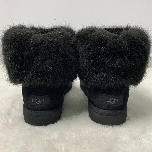UGG 1119152  Women's Black Suede Mini Blakeley Faux Fur Trimmed Boots Size 7