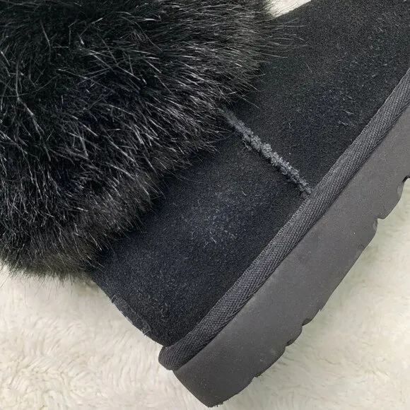 UGG 1119152  Women's Black Suede Mini Blakeley Faux Fur Trimmed Boots Size 7