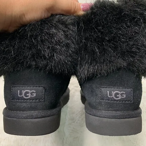 UGG 1119152  Women's Black Suede Mini Blakeley Faux Fur Trimmed Boots Size 7