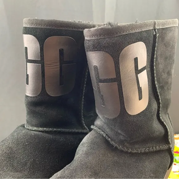 UGG All Black Fur Logo Boots Size 8 Women's