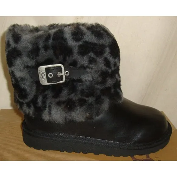 UGG Australia KIDS ELLEE Black Leopard Cuff Boots TODDLER Size US 12 NIB 1003723