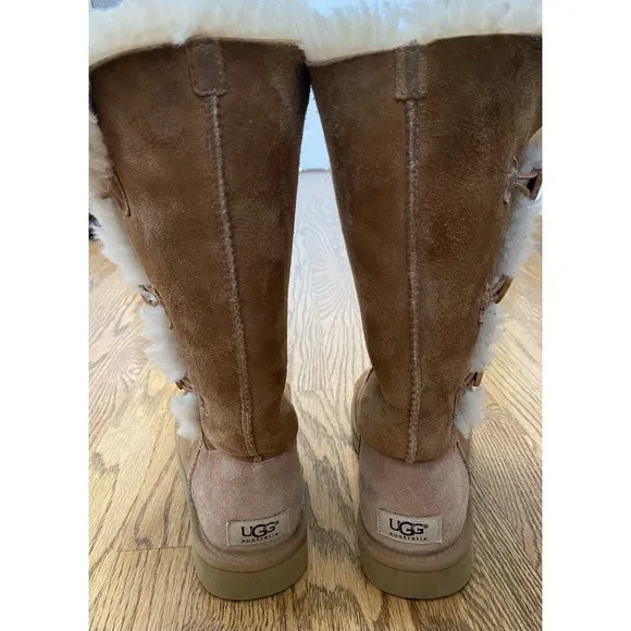UGG Australia Triple Bailey Button Tall Sheepskin Boots Chestnut Women Size 7