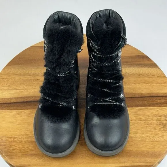 Ugg Australia Viki Black Leather Waterproof‎ Vibram Fur Lace Up Mid Boots Size 7