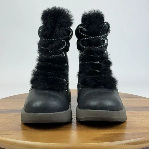 Ugg Australia Viki Black Leather Waterproof‎ Vibram Fur Lace Up Mid Boots Size 7