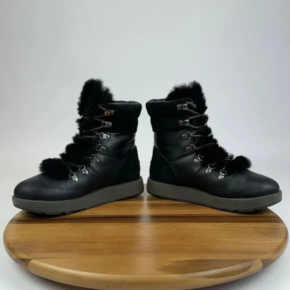 Ugg Australia Viki Black Leather Waterproof‎ Vibram Fur Lace Up Mid Boots Size 7