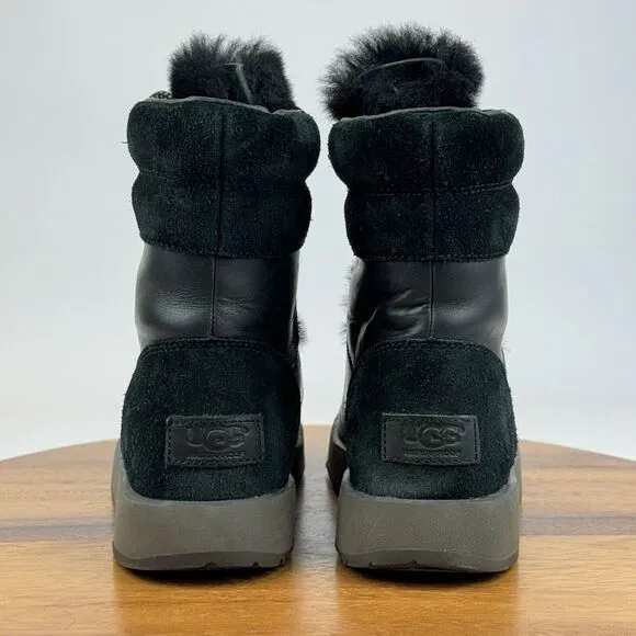Ugg Australia Viki Black Leather Waterproof‎ Vibram Fur Lace Up Mid Boots Size 7