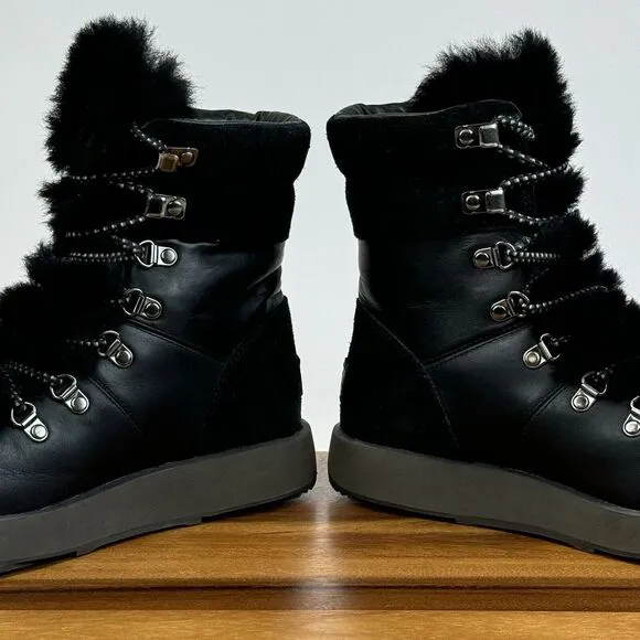 Ugg Australia Viki Black Leather Waterproof‎ Vibram Fur Lace Up Mid Boots Size 7