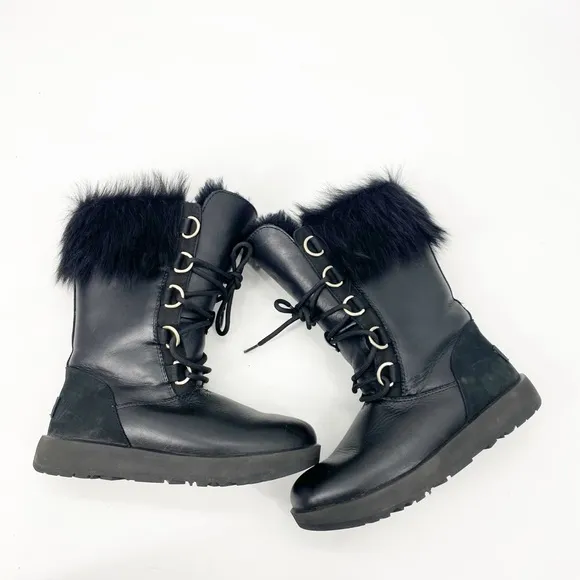Ugg Aya Black Leather Shearling Fur Lace Up Boots sz6