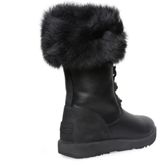 Ugg Aya Black Leather Shearling Fur Lace Up Boots sz6