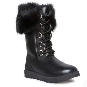 Ugg Aya Black Leather Shearling Fur Lace Up Boots sz6