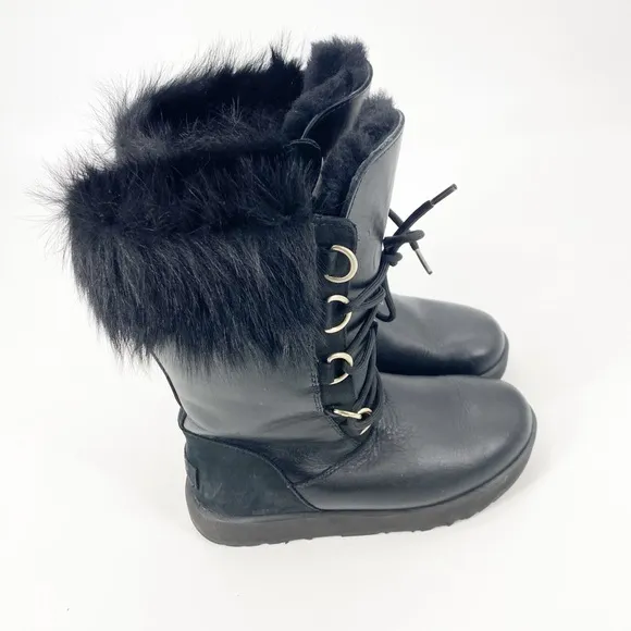 Ugg Aya Black Leather Shearling Fur Lace Up Boots sz6
