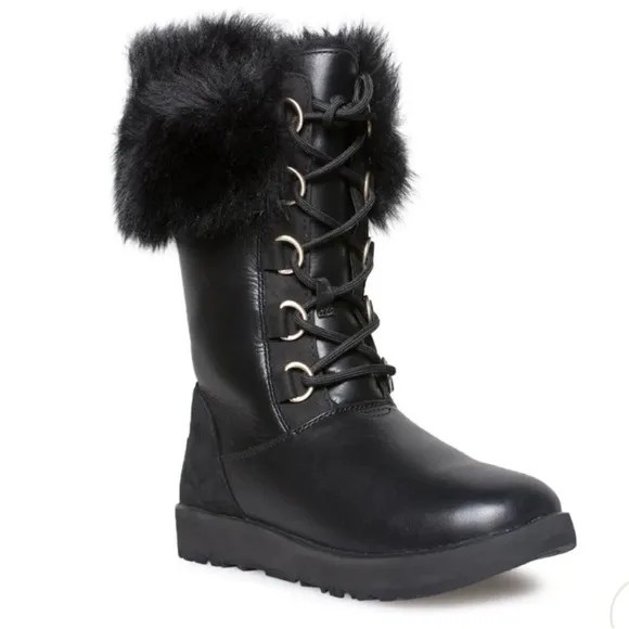 Ugg Aya Black Leather Shearling Fur Lace Up Boots sz6
