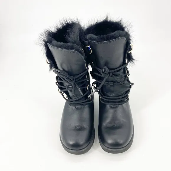 Ugg Aya Black Leather Shearling Fur Lace Up Boots sz6