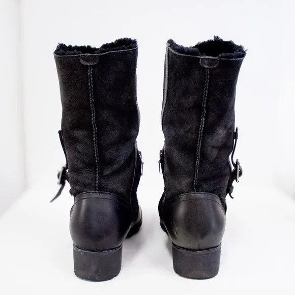 UGG Boots Bellevue Fold Down Black Suede Leather Shearling Wool Lined Women's 10