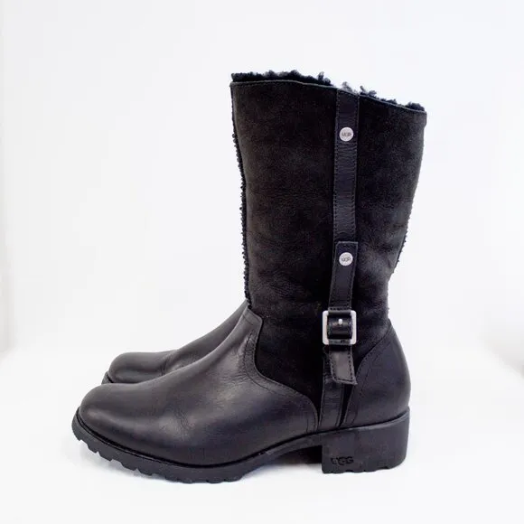 UGG Boots Bellevue Fold Down Black Suede Leather Shearling Wool Lined Women's 10