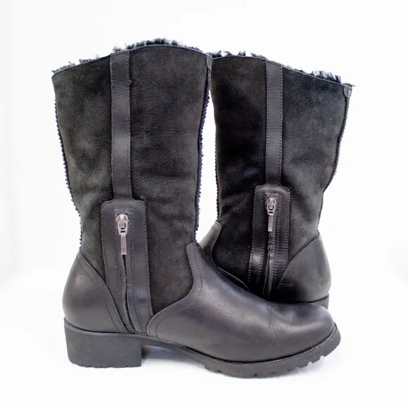 UGG Boots Bellevue Fold Down Black Suede Leather Shearling Wool Lined Women's 10