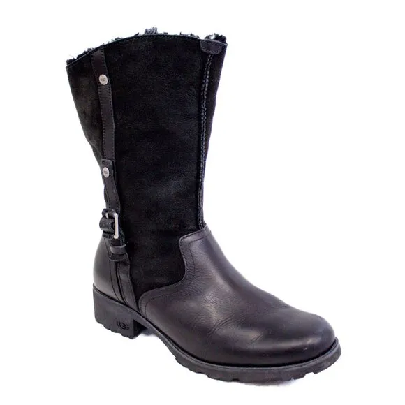 UGG Boots Bellevue Fold Down Black Suede Leather Shearling Wool Lined Women's 10