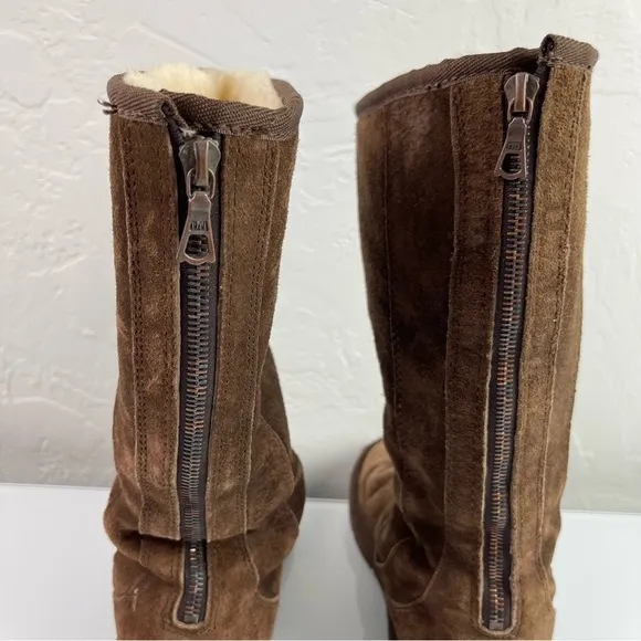 Ugg Boots Knightsbridge Dark Chocolate Brown Suede Tall Zip Back Fur Lined Suede