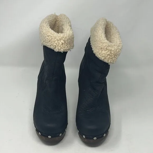 UGG Carnegie boots 7 wedge wood leather sherpa sheepskin women black