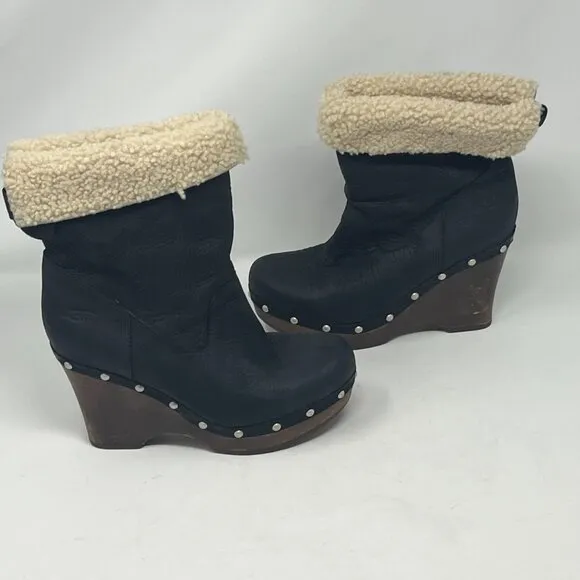 UGG Carnegie boots 7 wedge wood leather sherpa sheepskin women black