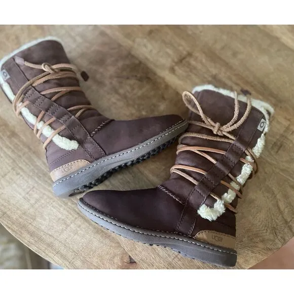 UGG Catalina 1634 Brown Leather Sheepskin Winter Lace Up Boots Women’s Size 6