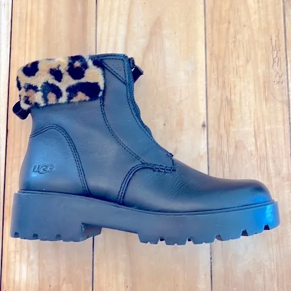 UGG Czeriesa Panther Black Waterproof Leather Combat Boots Wool Blend Collar