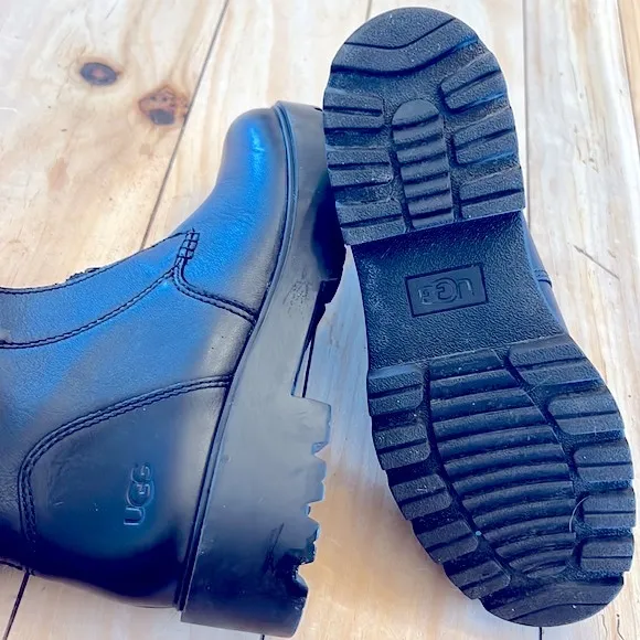 UGG Czeriesa Panther Black Waterproof Leather Combat Boots Wool Blend Collar