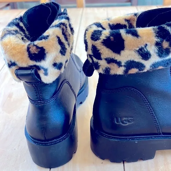 UGG Czeriesa Panther Black Waterproof Leather Combat Boots Wool Blend Collar