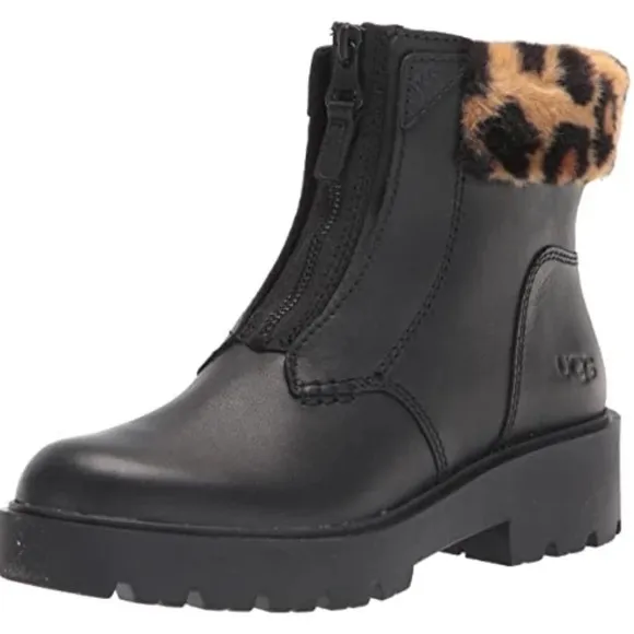UGG Czeriesa Panther Black Waterproof Leather Combat Boots Wool Blend Collar
