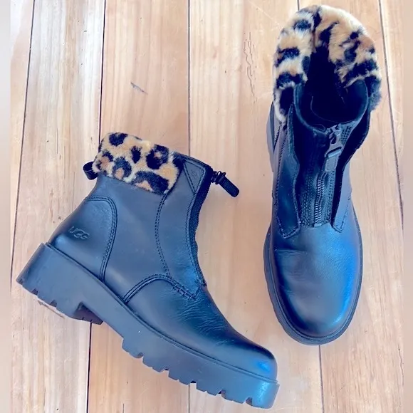 UGG Czeriesa Panther Black Waterproof Leather Combat Boots Wool Blend Collar