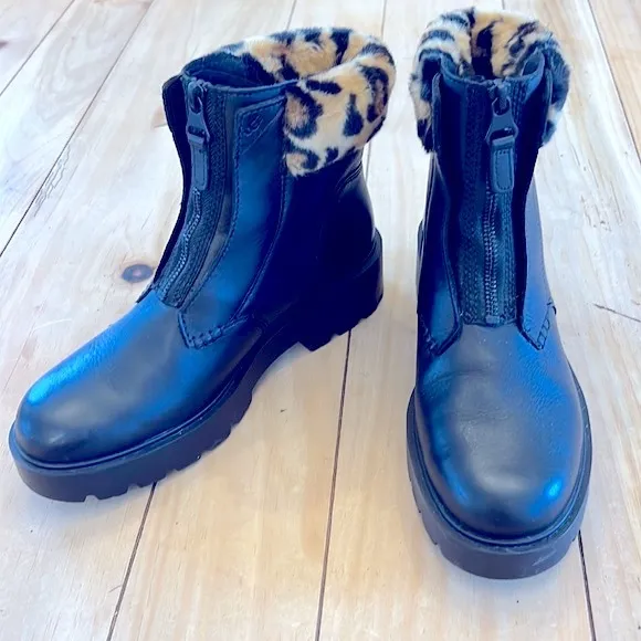 UGG Czeriesa Panther Black Waterproof Leather Combat Boots Wool Blend Collar