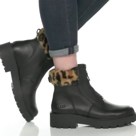 UGG Czeriesa Panther Black Waterproof Leather Combat Boots Wool Blend Collar