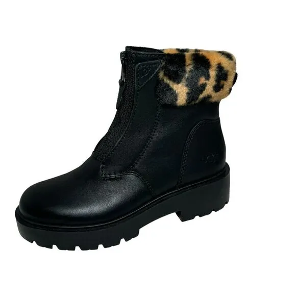 UGG Czeriesa Panther Print Cuff Waterproof Leather Ankle Boots Black Size 6 NEW