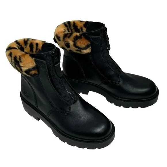 UGG Czeriesa Panther Print Cuff Waterproof Leather Ankle Boots Black Size 6 NEW