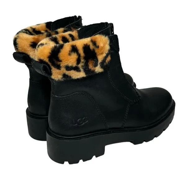 UGG Czeriesa Panther Print Cuff Waterproof Leather Ankle Boots Black Size 6 NEW
