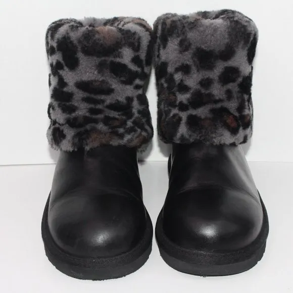 UGG Ellee Brown Leather Animal Print Shearling Winter Snow Boot Youth 3 1003723K