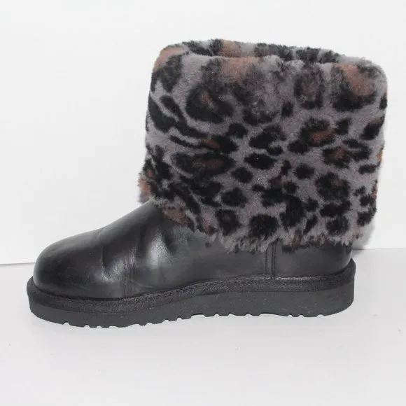 UGG Ellee Brown Leather Animal Print Shearling Winter Snow Boot Youth 3 1003723K